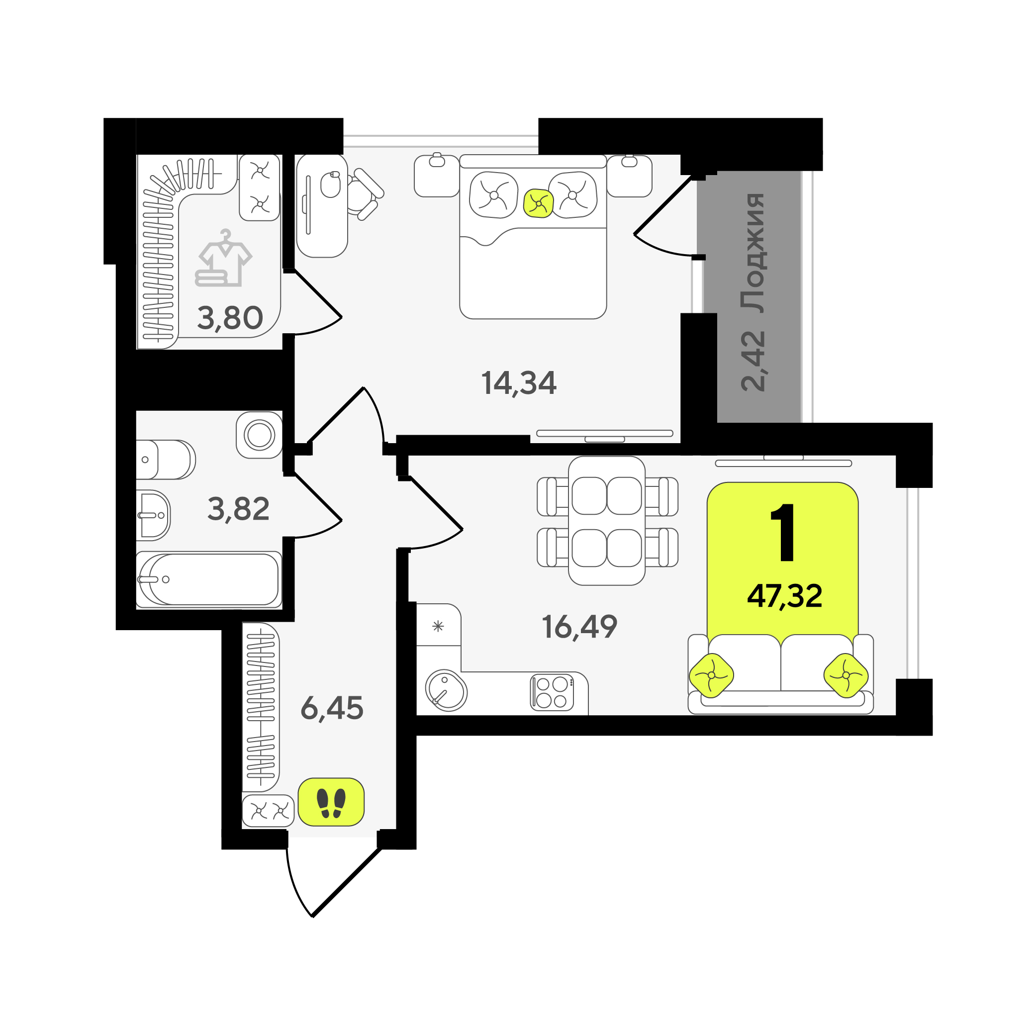 Планировка: Евродвушка 47.3 м² в ЖК Окинава, 5-й Заречный