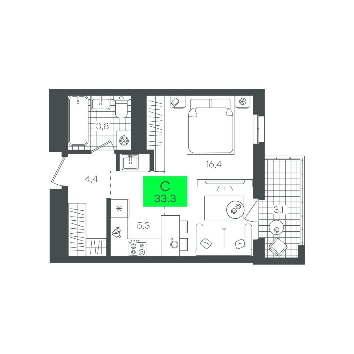 Планировка: Студия 33.3 м² в ЖК Сезоны, От Слободы до Комарово парк