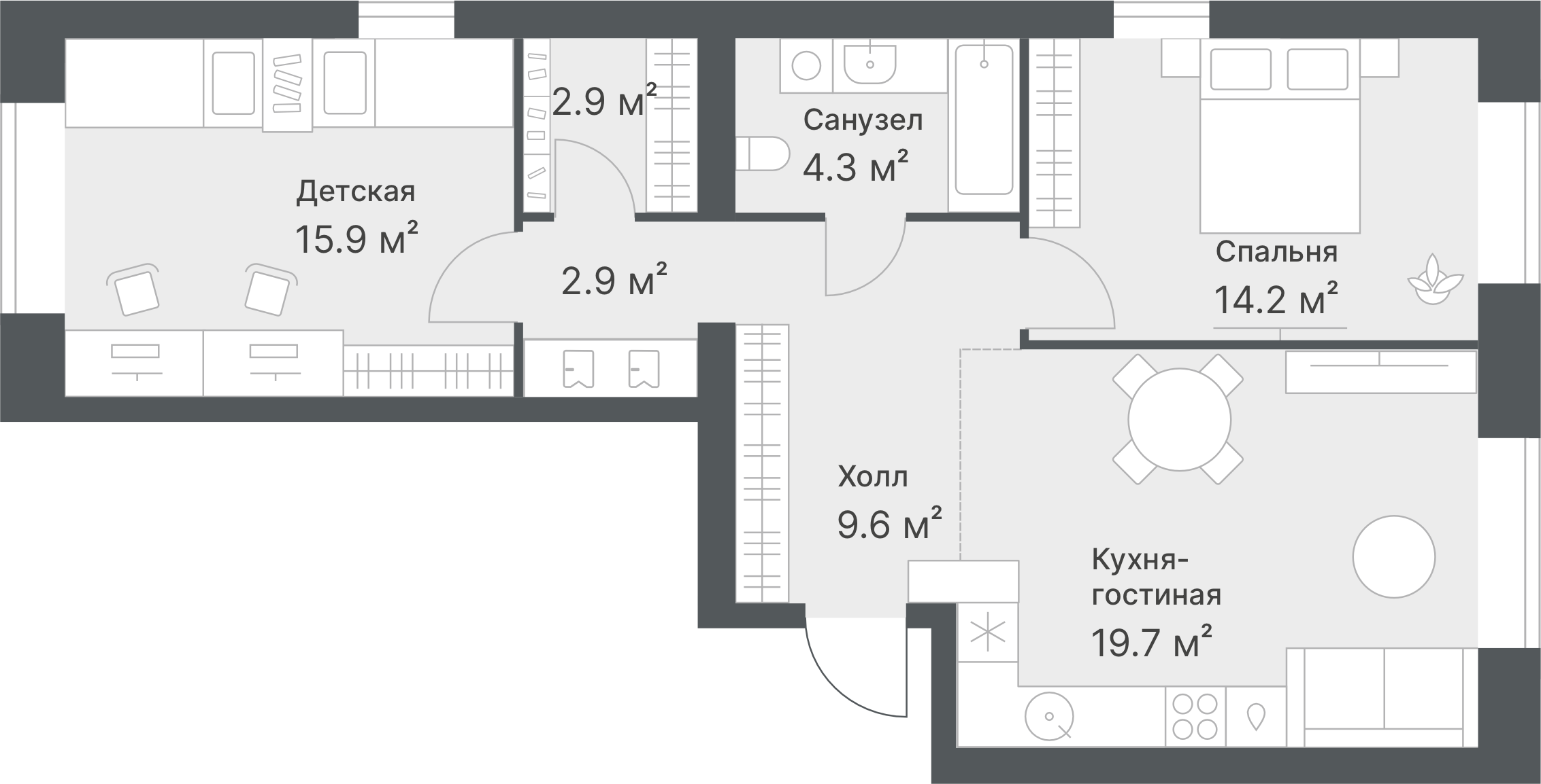 Планировка: Евротрешка 69.5 м² в ЖК Дружеский, Плеханово