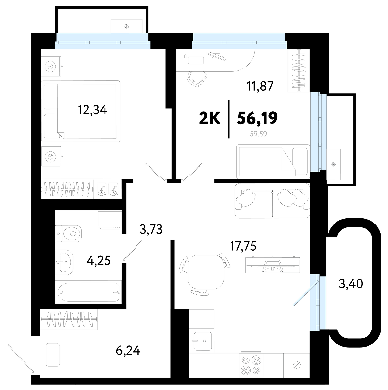 Планировка: Формат уточняется 56.2 м² в ЖК Символ, Комарово Парк