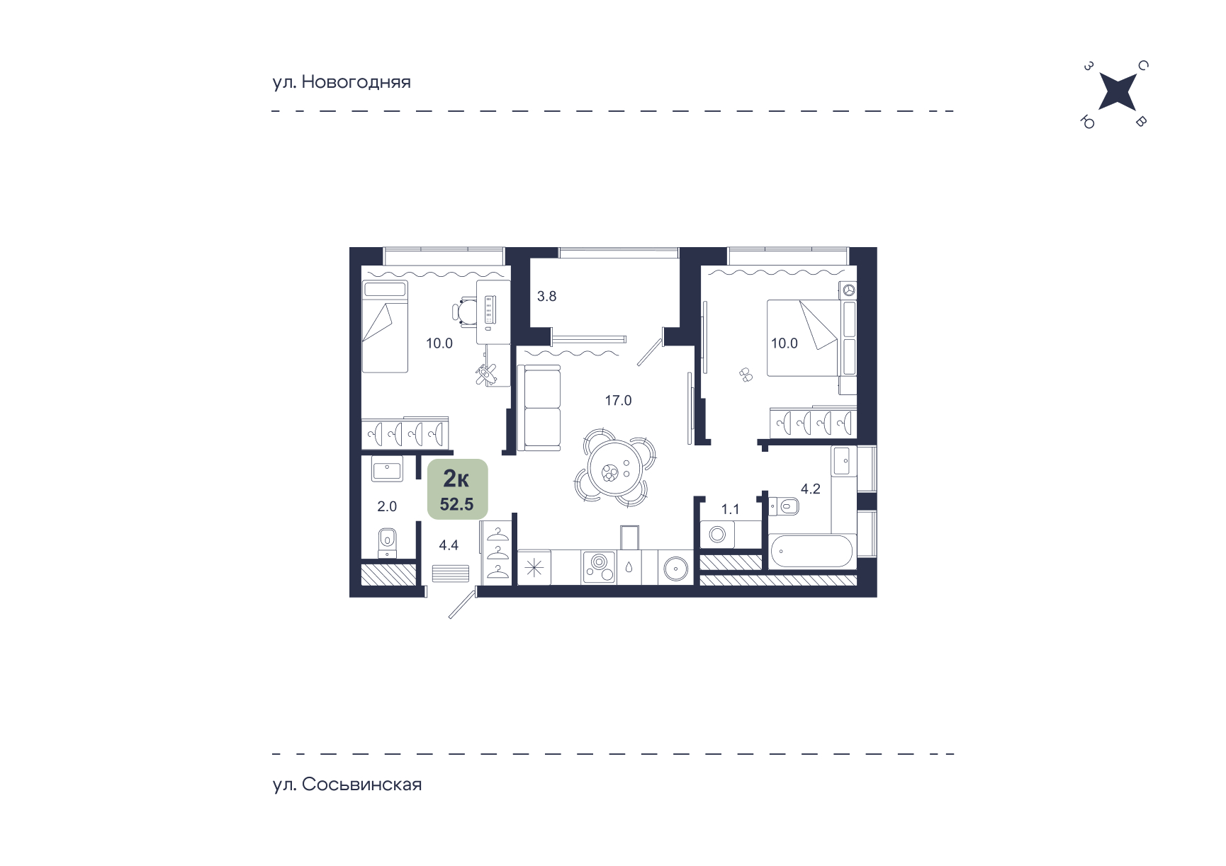 Планировка: Евротрешка 52.5 м² в ЖК Свой, Югра