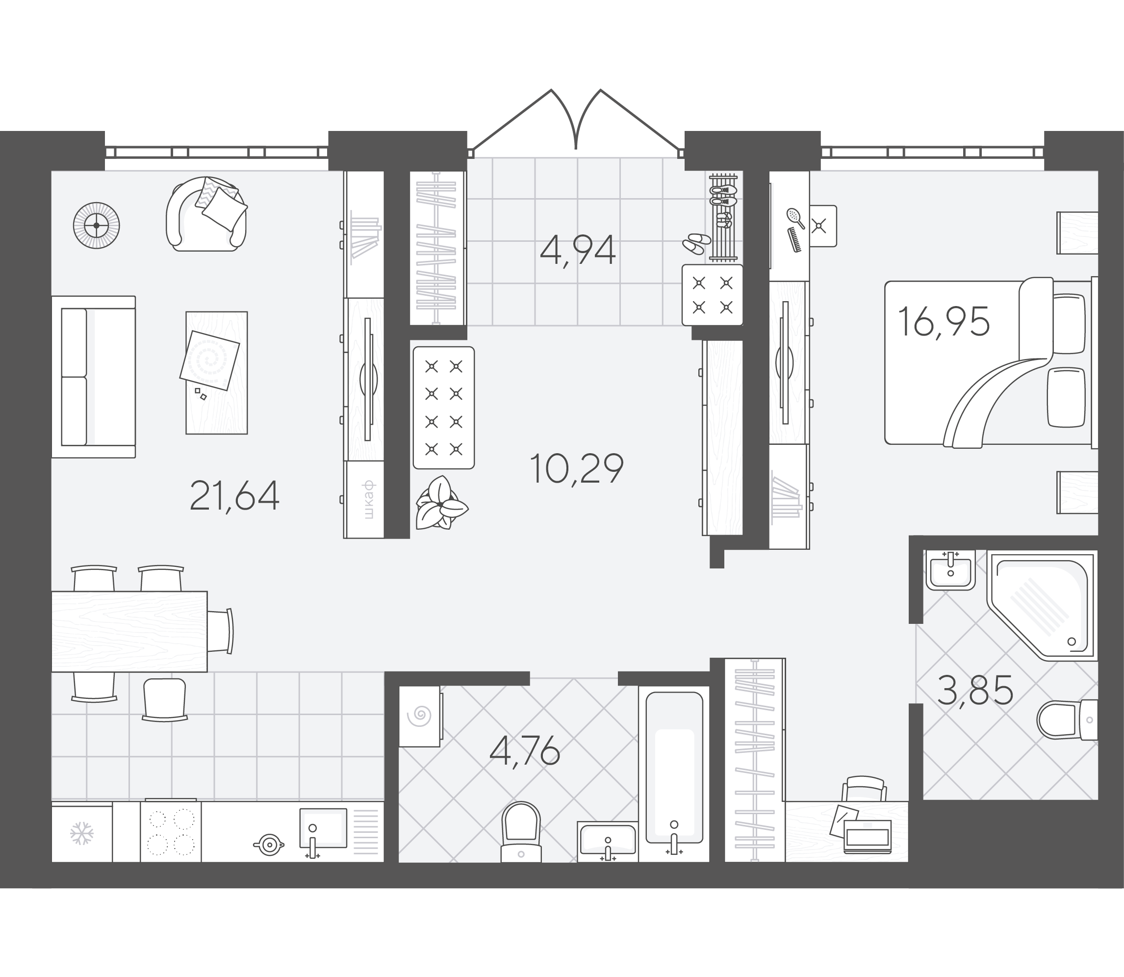 Планировка: Евродвушка 62.4 м² в ЖК Скандиа. Квартал в Слободе, Тюменская слобода