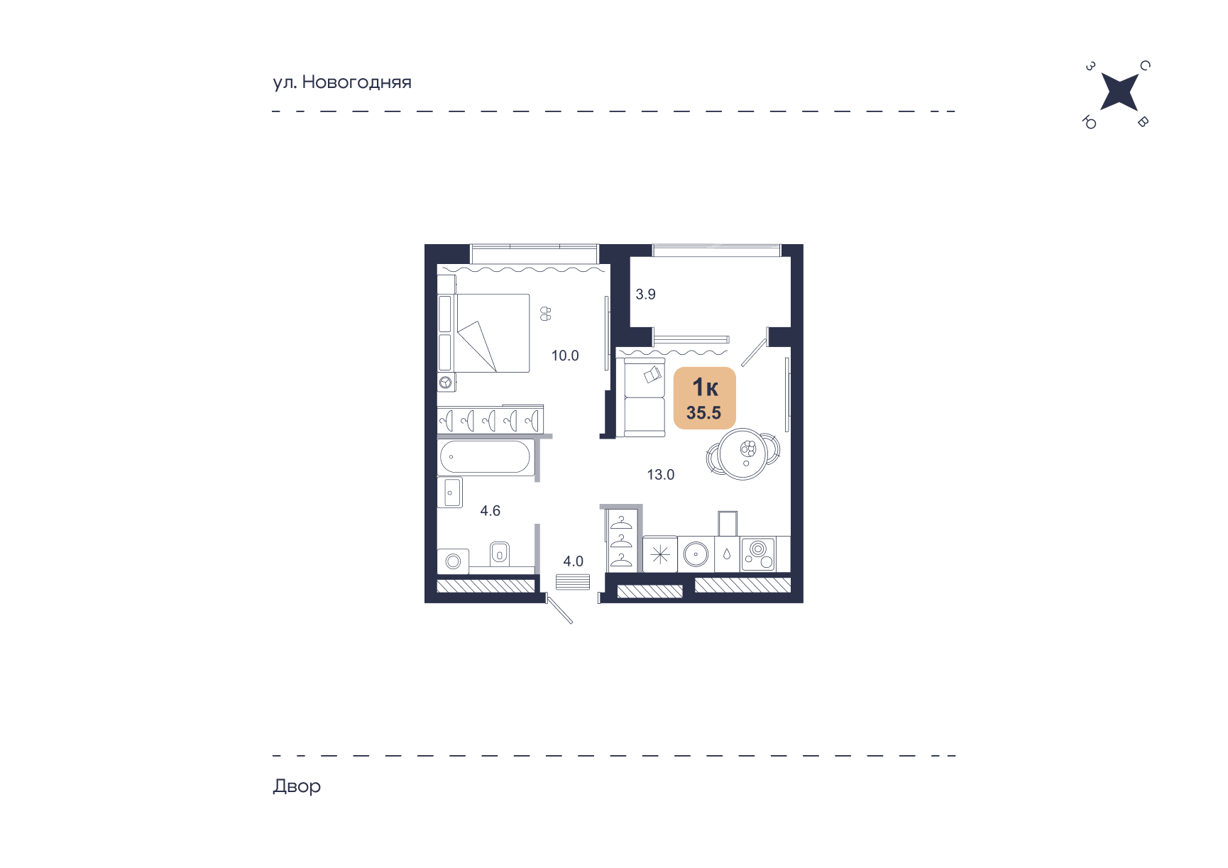 Планировка: Евродвушка 35.5 м² в ЖК Свой, Югра