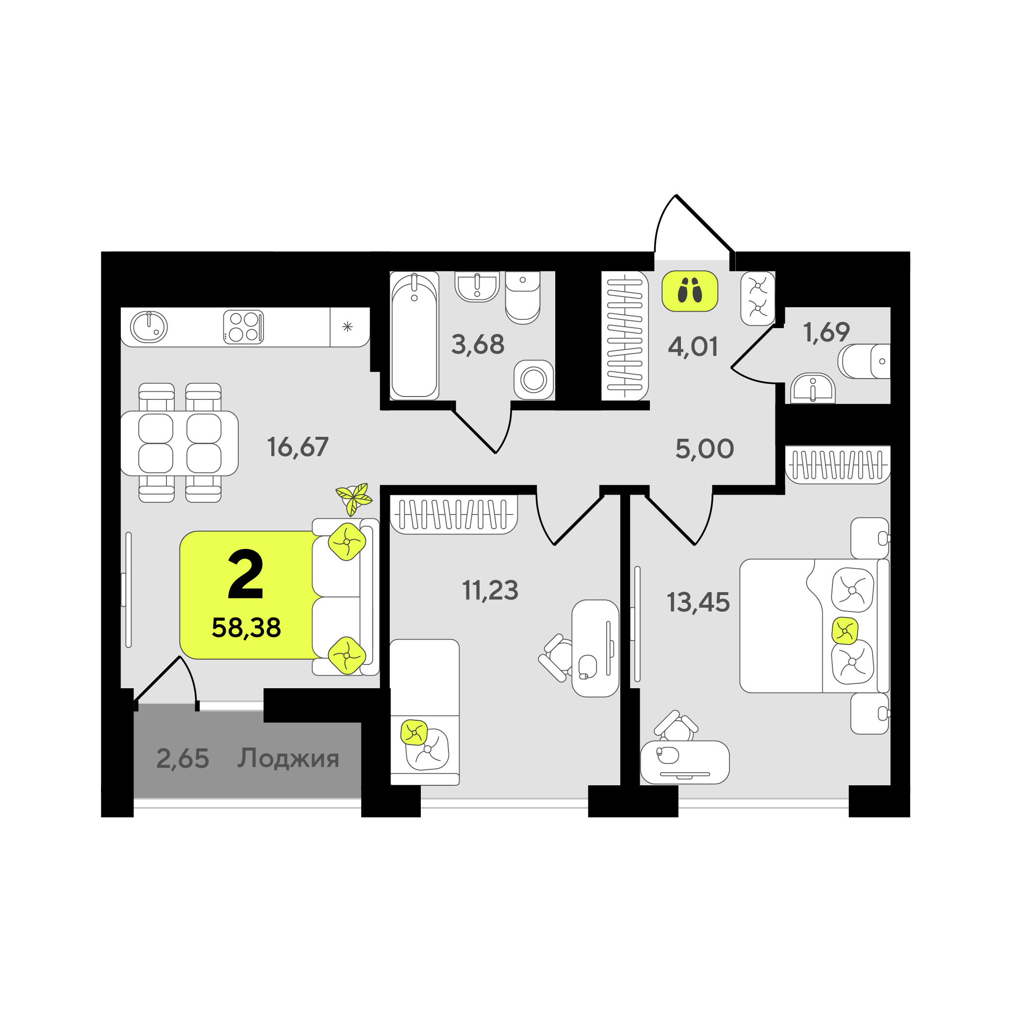 Планировка: Евротрешка 58.4 м² в ЖК Окинава, 5-й Заречный