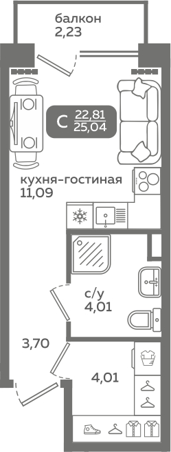 Планировка: Формат уточняется 22.8 м² в ЖК Меридиан Слобода, Тюменская слобода