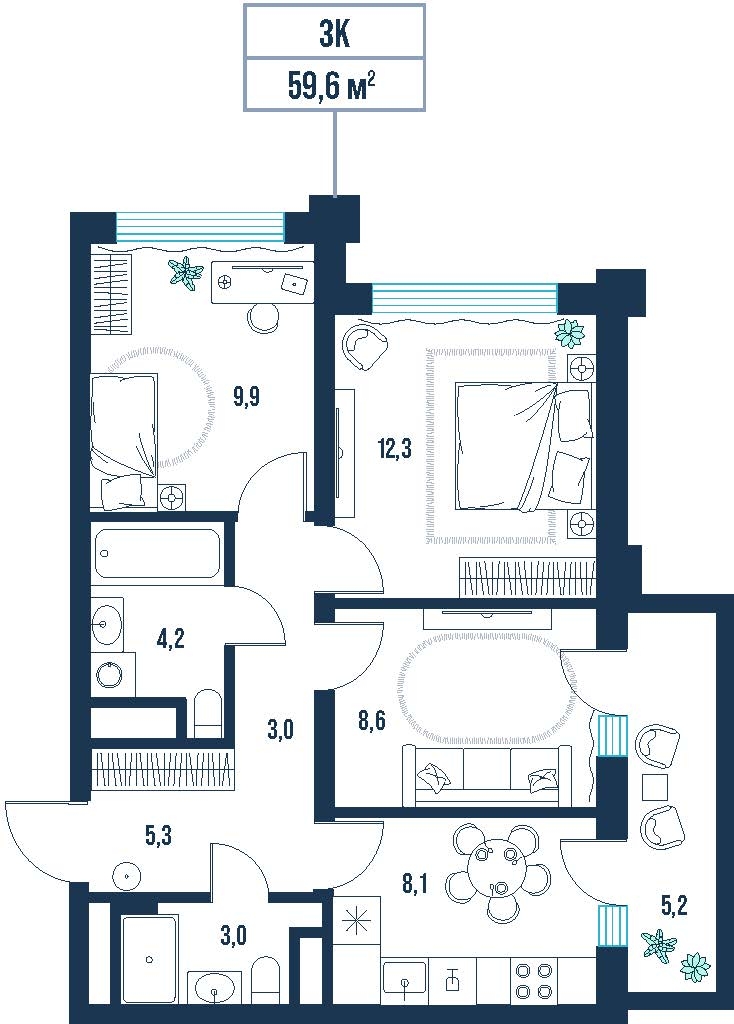 Планировка: Формат уточняется 59.6 м² в ЖК AIRIS, Комарово Парк