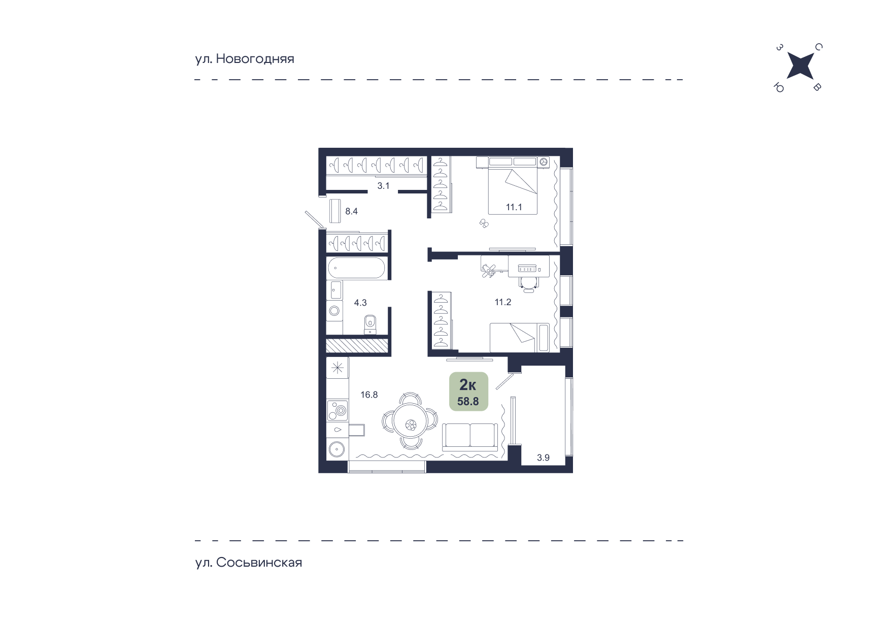 Планировка: Евротрешка 58.8 м² в ЖК Свой, Югра