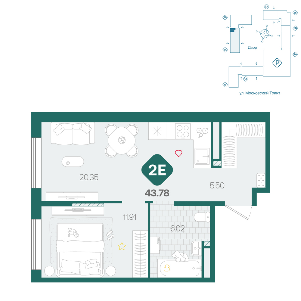 Планировка: Формат уточняется 43.8 м² в ЖК Сибирский, Московский тракт