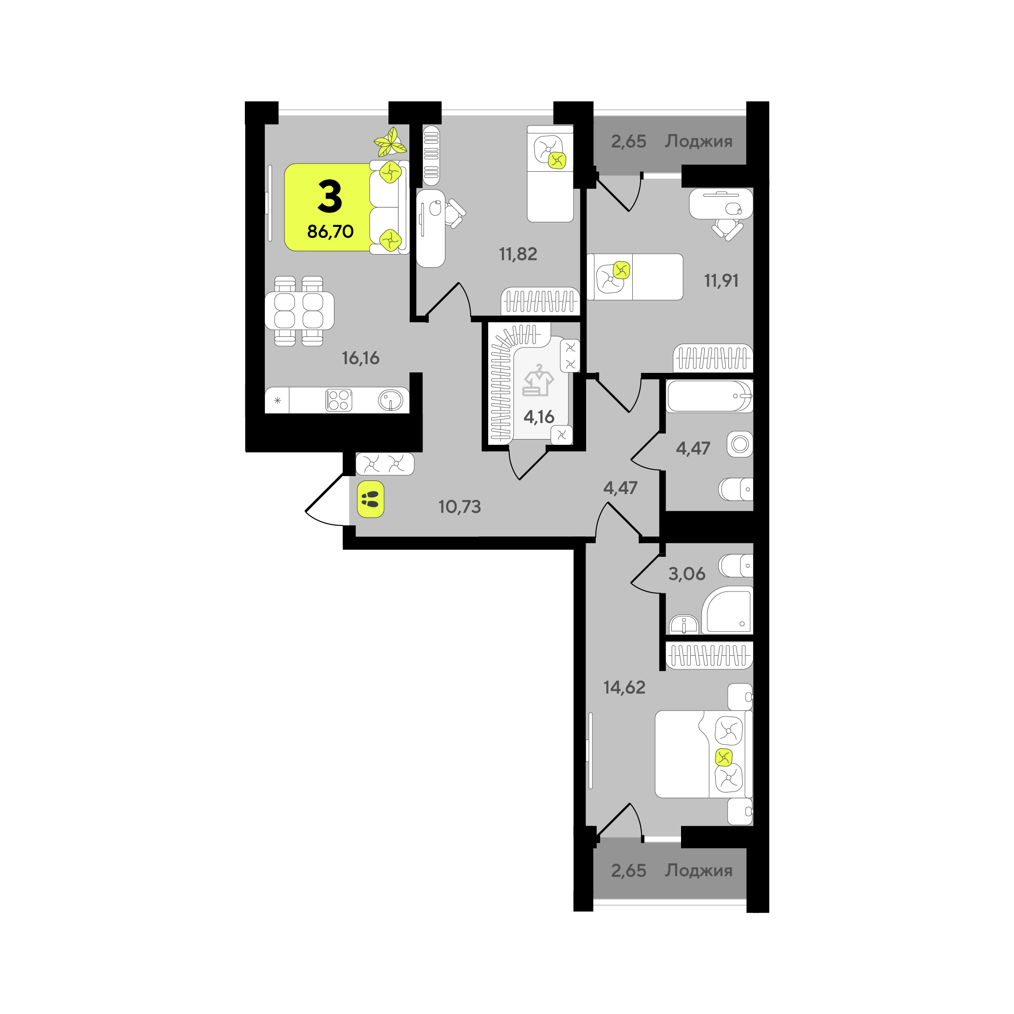 Планировка: 4-комнатная евро 86.7 м² в ЖК Окинава, 5-й Заречный