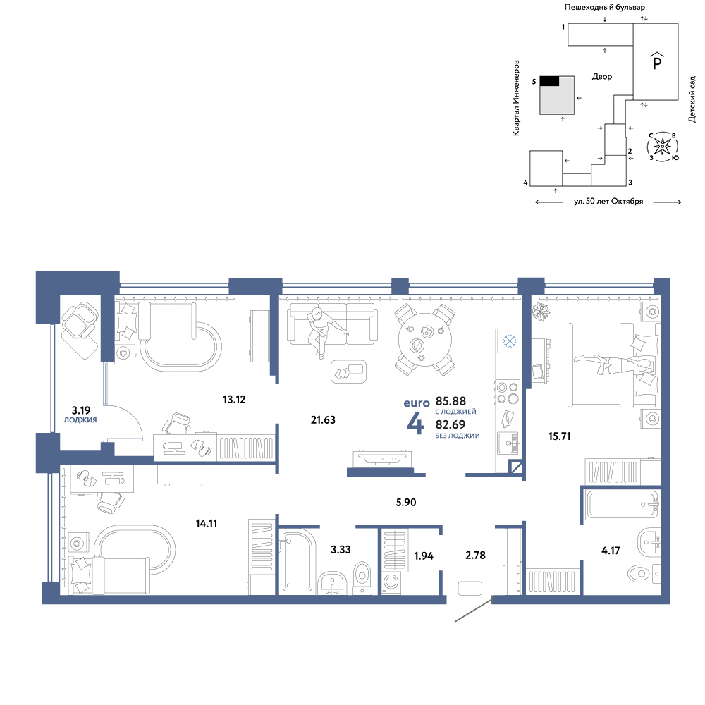 Планировка: Формат уточняется 85.9 м² в ЖК Сердце Сибири, Центр: КПД