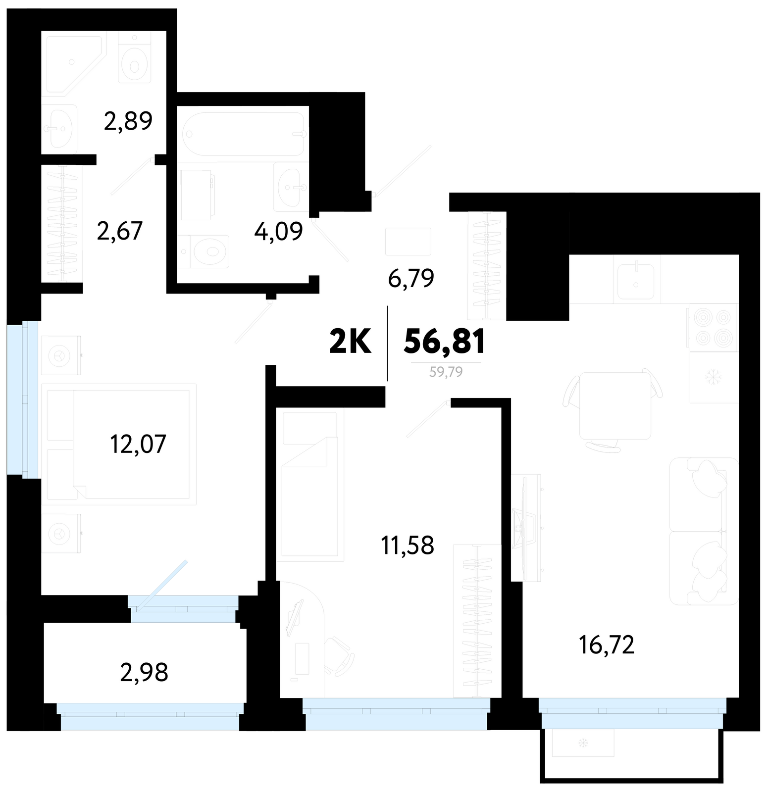 Планировка: Формат уточняется 56.8 м² в ЖК Символ, Комарово Парк