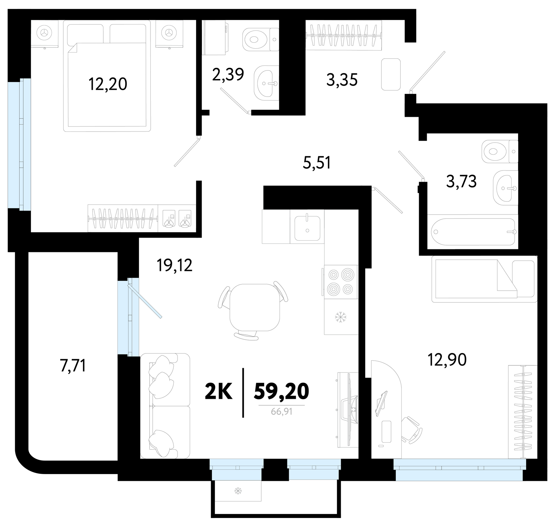 Планировка: Формат уточняется 59.2 м² в ЖК Символ, Комарово Парк