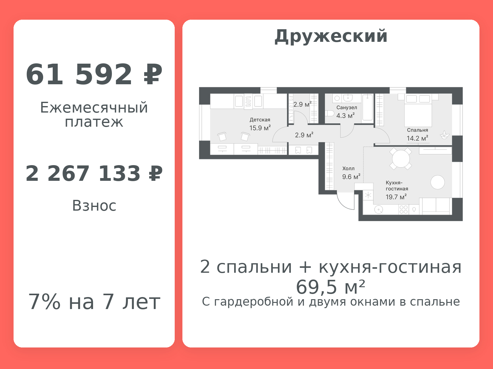 Планировка: Евротрешка 69.5 м² в ЖК Дружеский, Плеханово