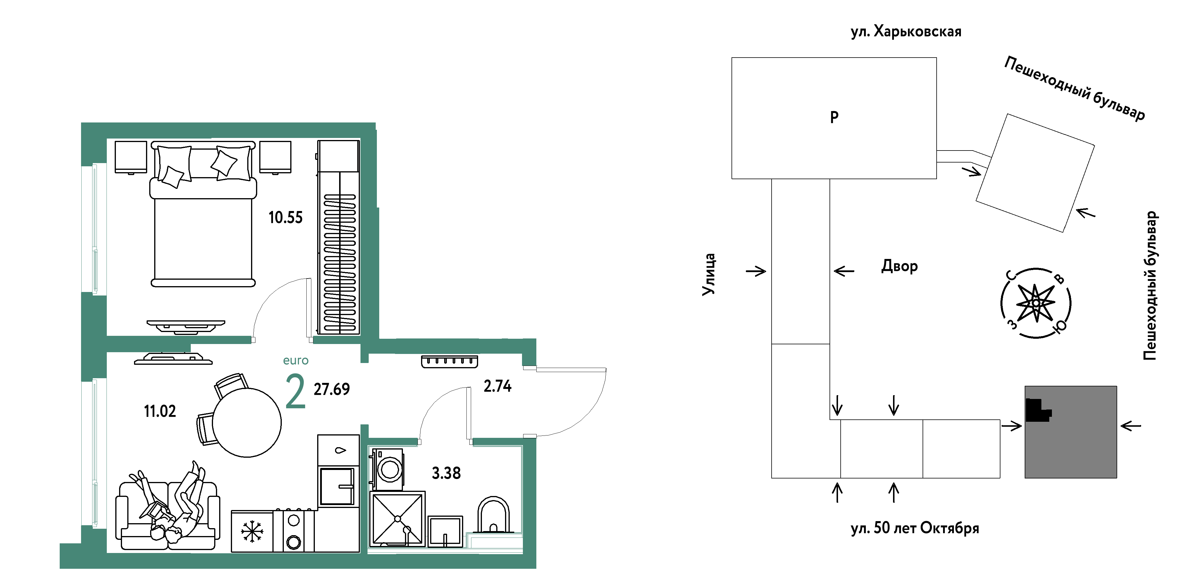 Планировка: 1-комнатная 27.7 м² в ЖК Сердце Сибири, Центр: КПД