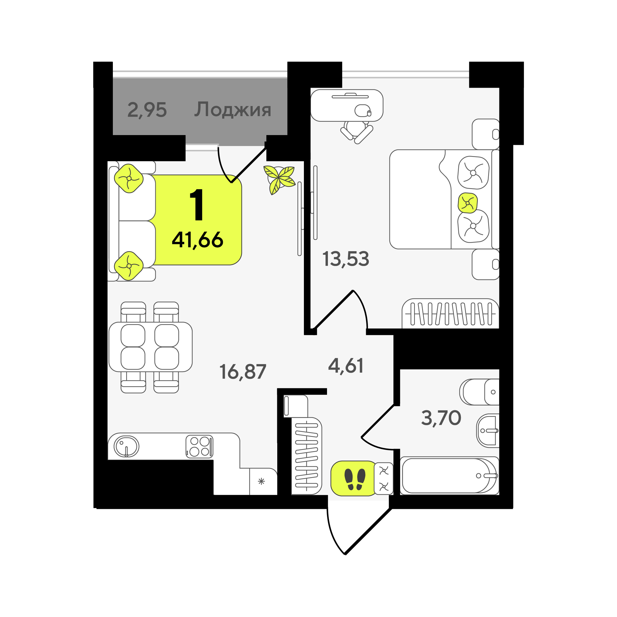 Планировка: Евродвушка 41.7 м² в ЖК Окинава, 5-й Заречный