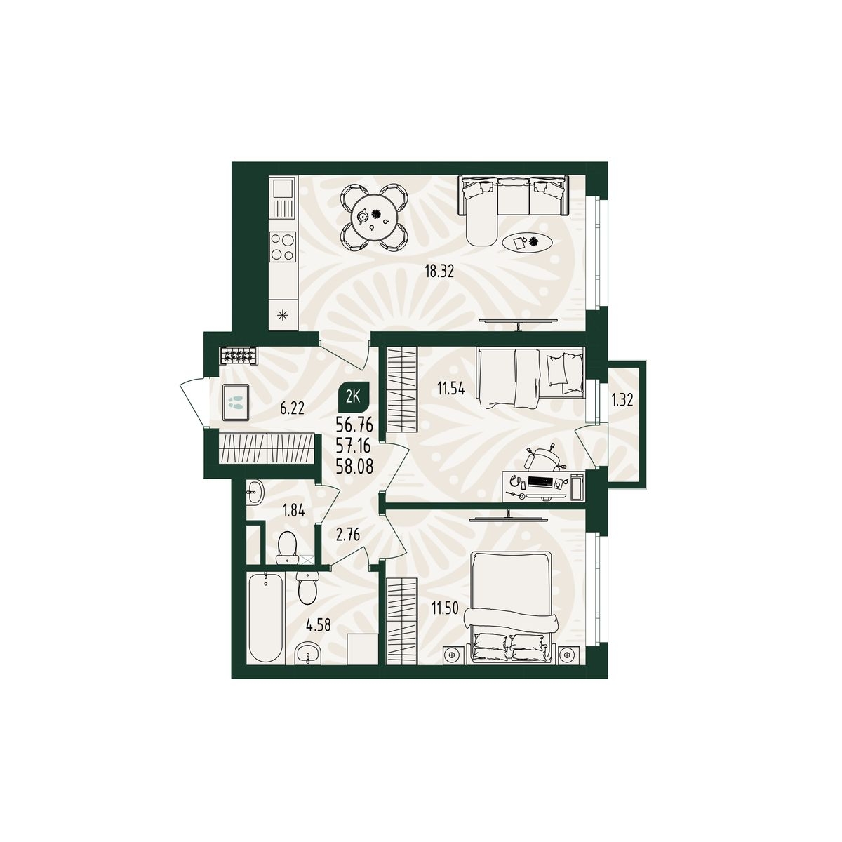 Планировка: Формат уточняется 58.1 м² в ЖК Вида, От Слободы до Комарово парк