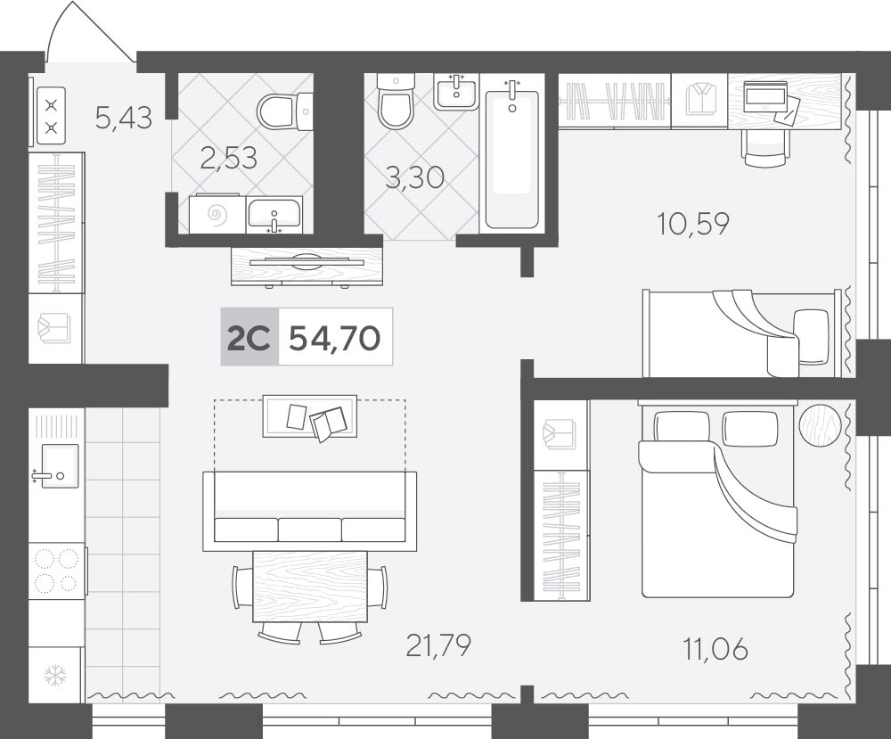 Планировка: Евротрешка 54.7 м² в ЖК Скандиа. Квартал у Леса, Комарово Парк
