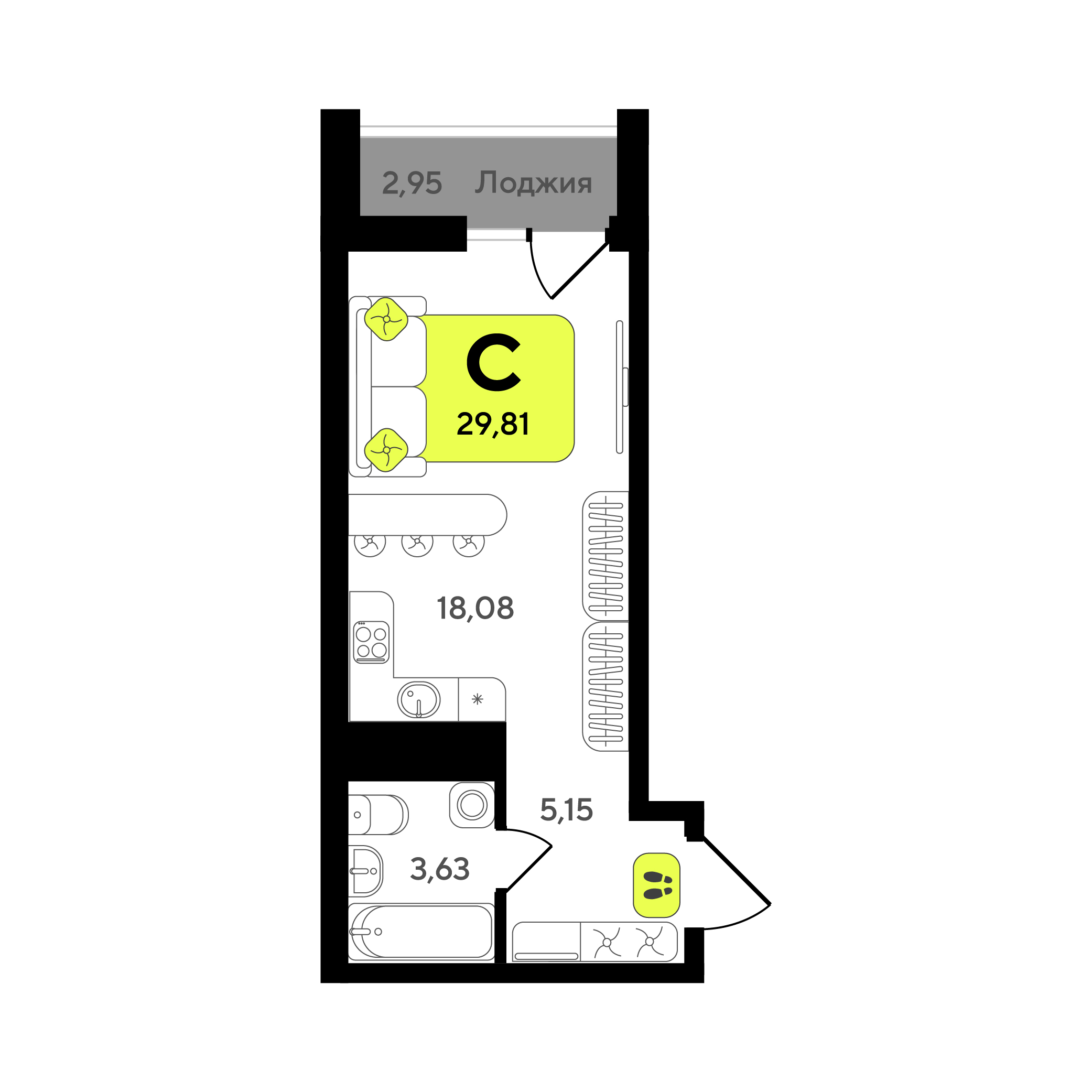 Планировка: Студия 29.8 м² в ЖК Окинава, 5-й Заречный