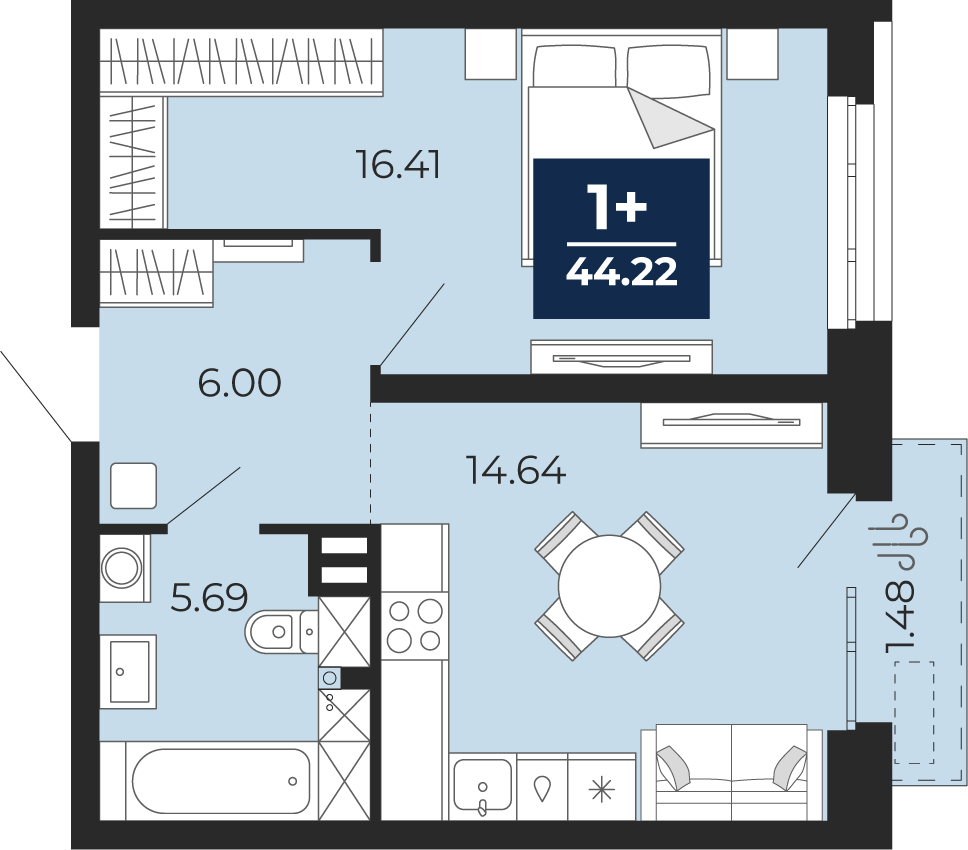 Планировка: Евродвушка 42.7 м² в ЖК Мириады, Мыс