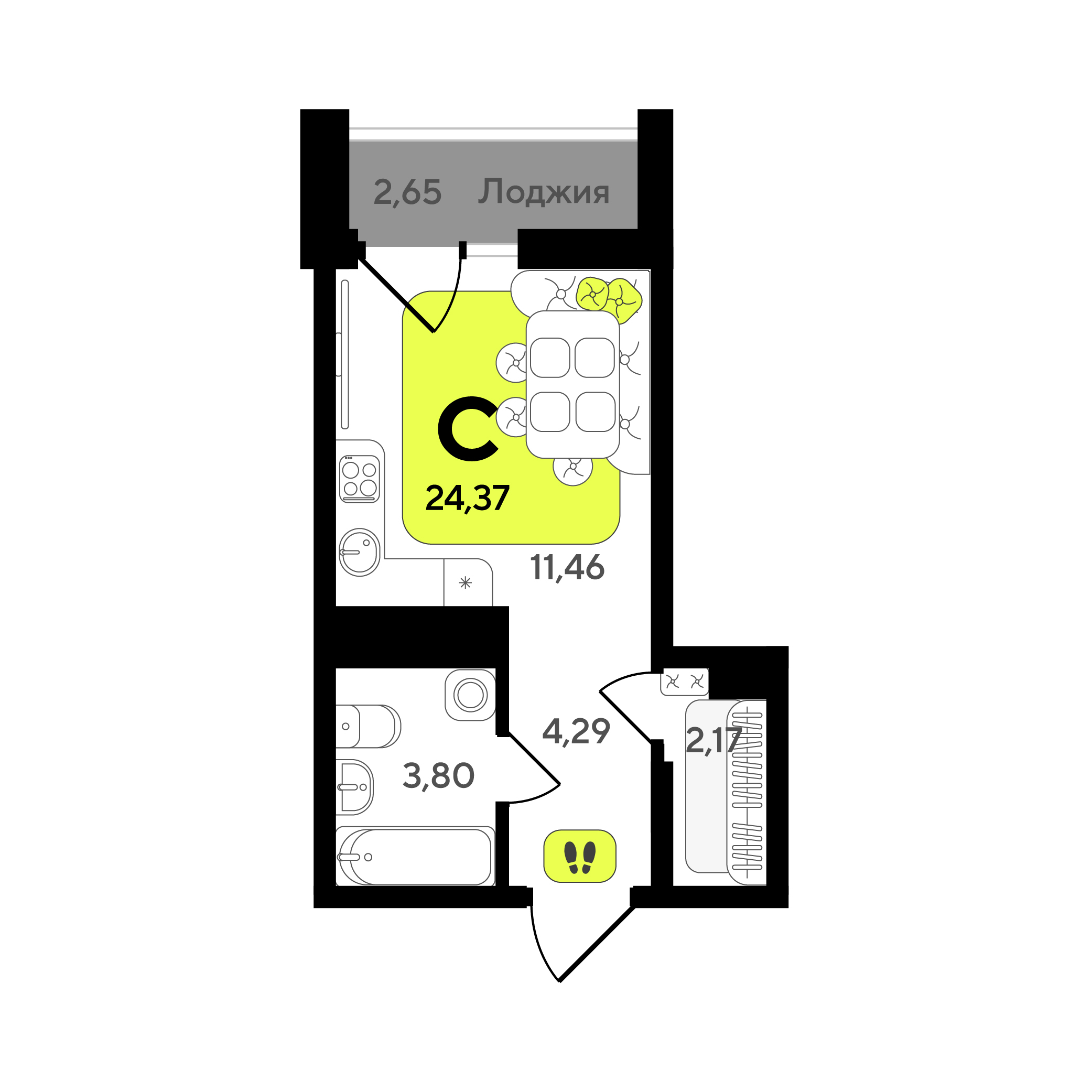 Планировка: Студия 24.4 м² в ЖК Окинава, 5-й Заречный