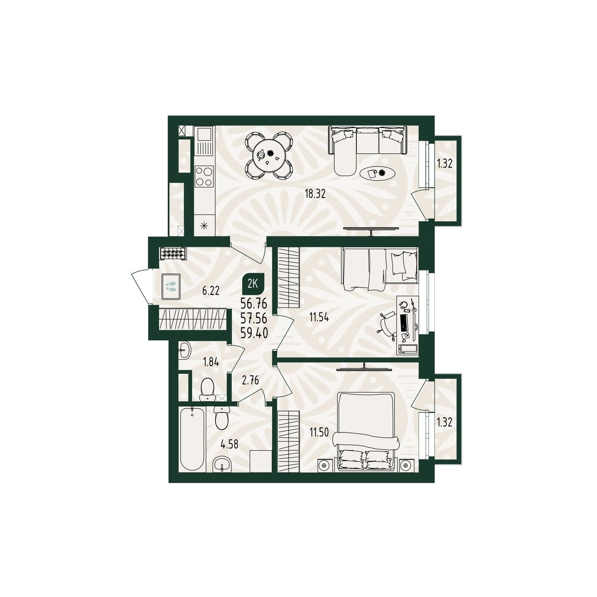 Планировка: Формат уточняется 59.4 м² в ЖК Вида, От Слободы до Комарово парк