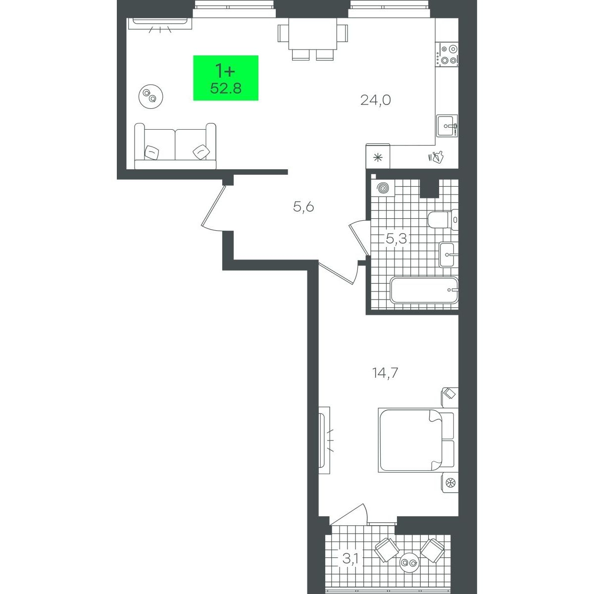 Планировка: Евродвушка 52.9 м² в ЖК Гранд Квартал, Комарово Парк