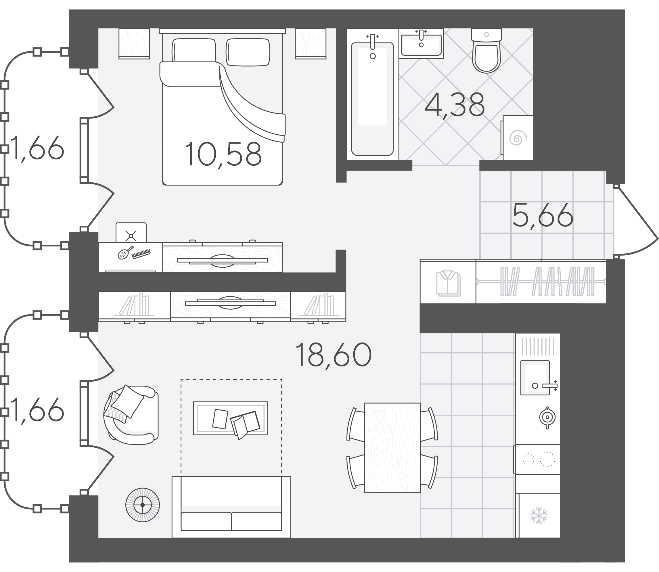 Планировка: Евродвушка 42.5 м² в ЖК Скандиа. Квартал в Слободе, Тюменская слобода
