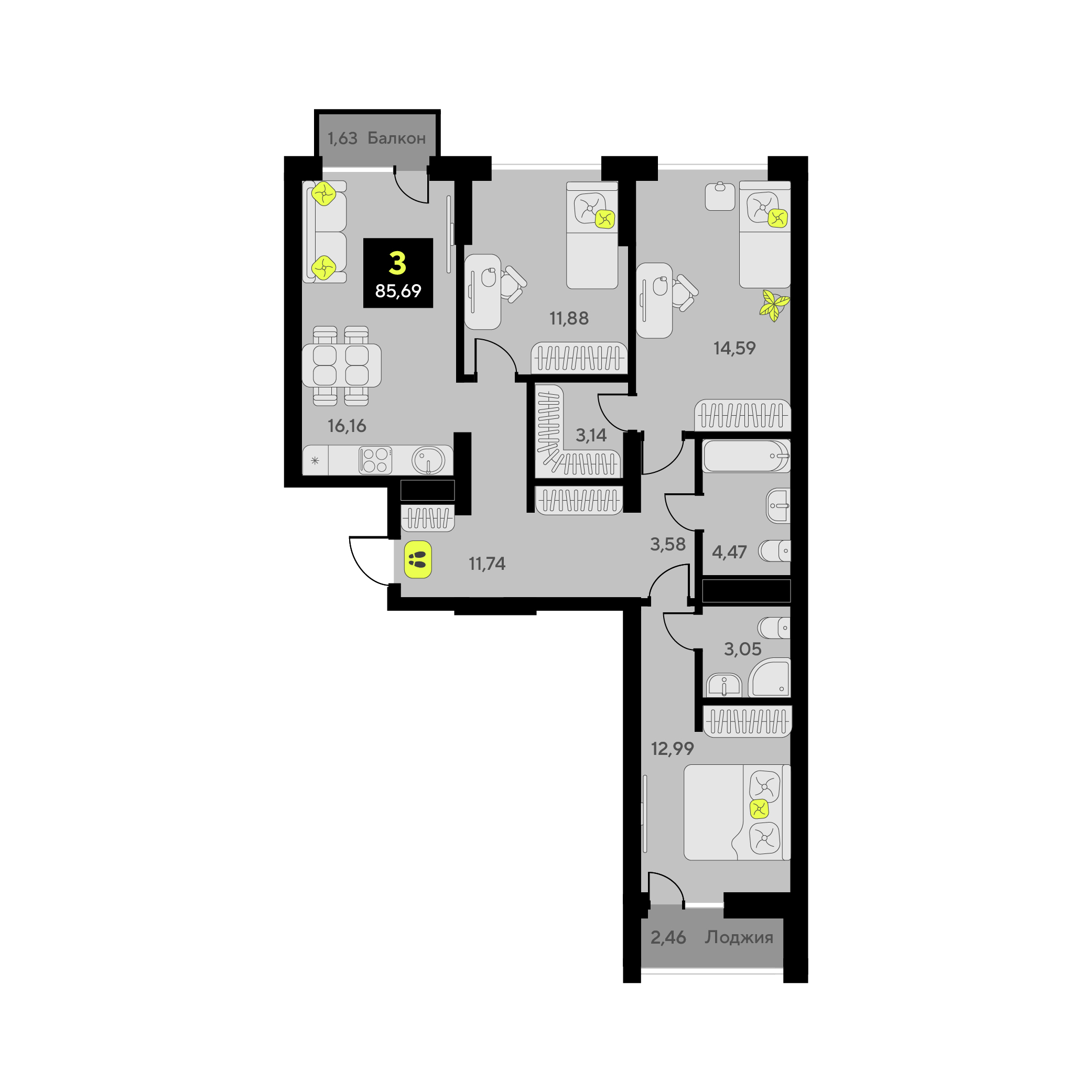 Планировка: 4-комнатная евро 85.7 м² в ЖК Окинава, 5-й Заречный