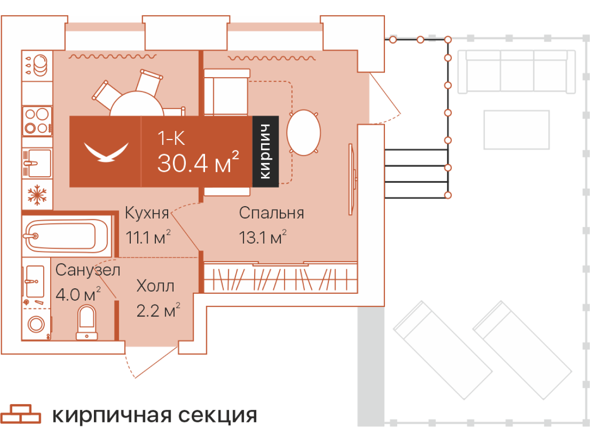 Планировка: 1-комнатная 30.4 м² в ЖК Дом на Большой Спасской, Воровского