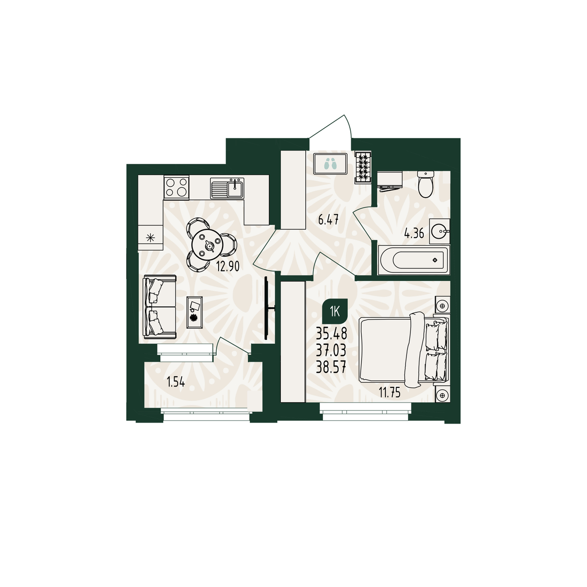Планировка: Формат уточняется 38.6 м² в ЖК Вида, От Слободы до Комарово парк