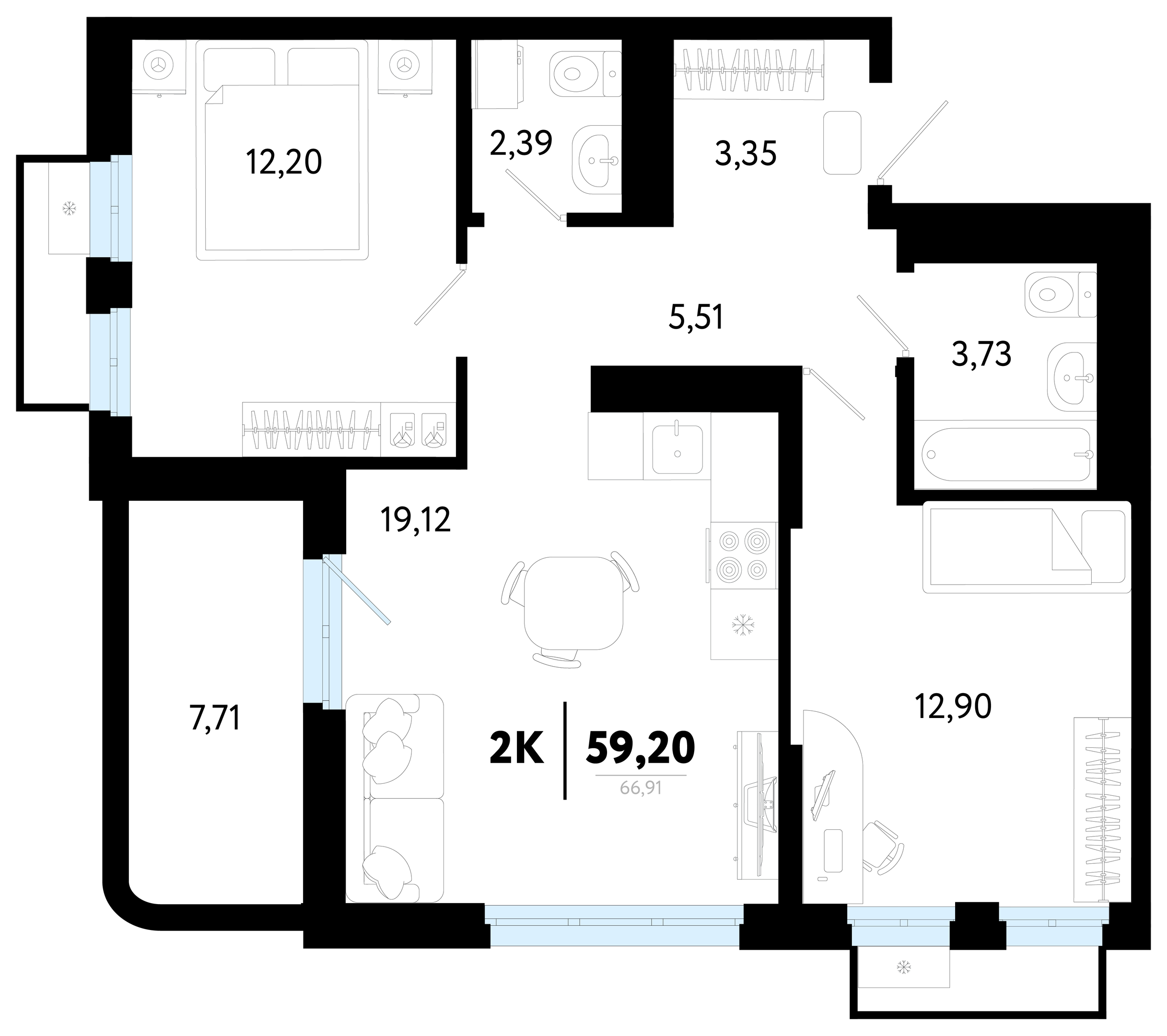 Планировка: Формат уточняется 59.2 м² в ЖК Символ, Комарово Парк