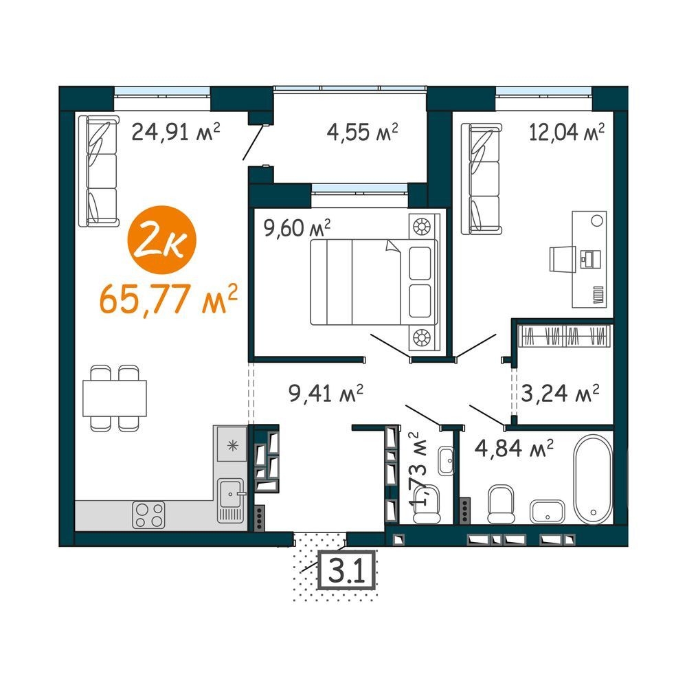 Планировка: Евротрешка 65.8 м² в ЖК DOK, ДОК