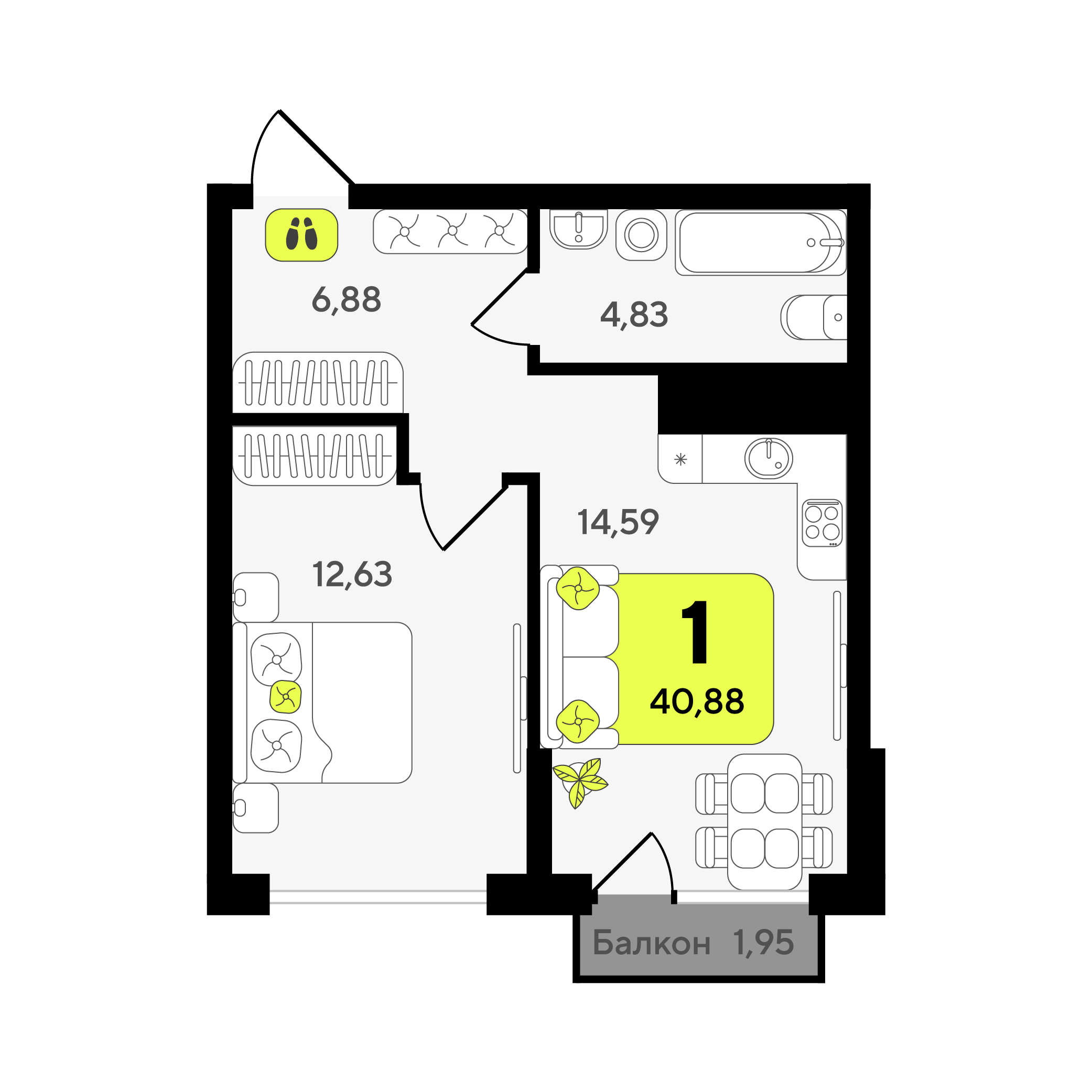 Планировка: Евродвушка 40.9 м² в ЖК Окинава, 5-й Заречный