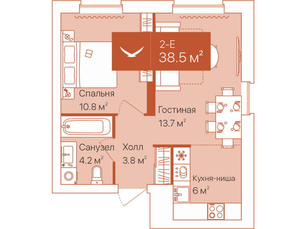 Планировка: Евродвушка 38.5 м² в ЖК Дом на Большой Спасской, Воровского