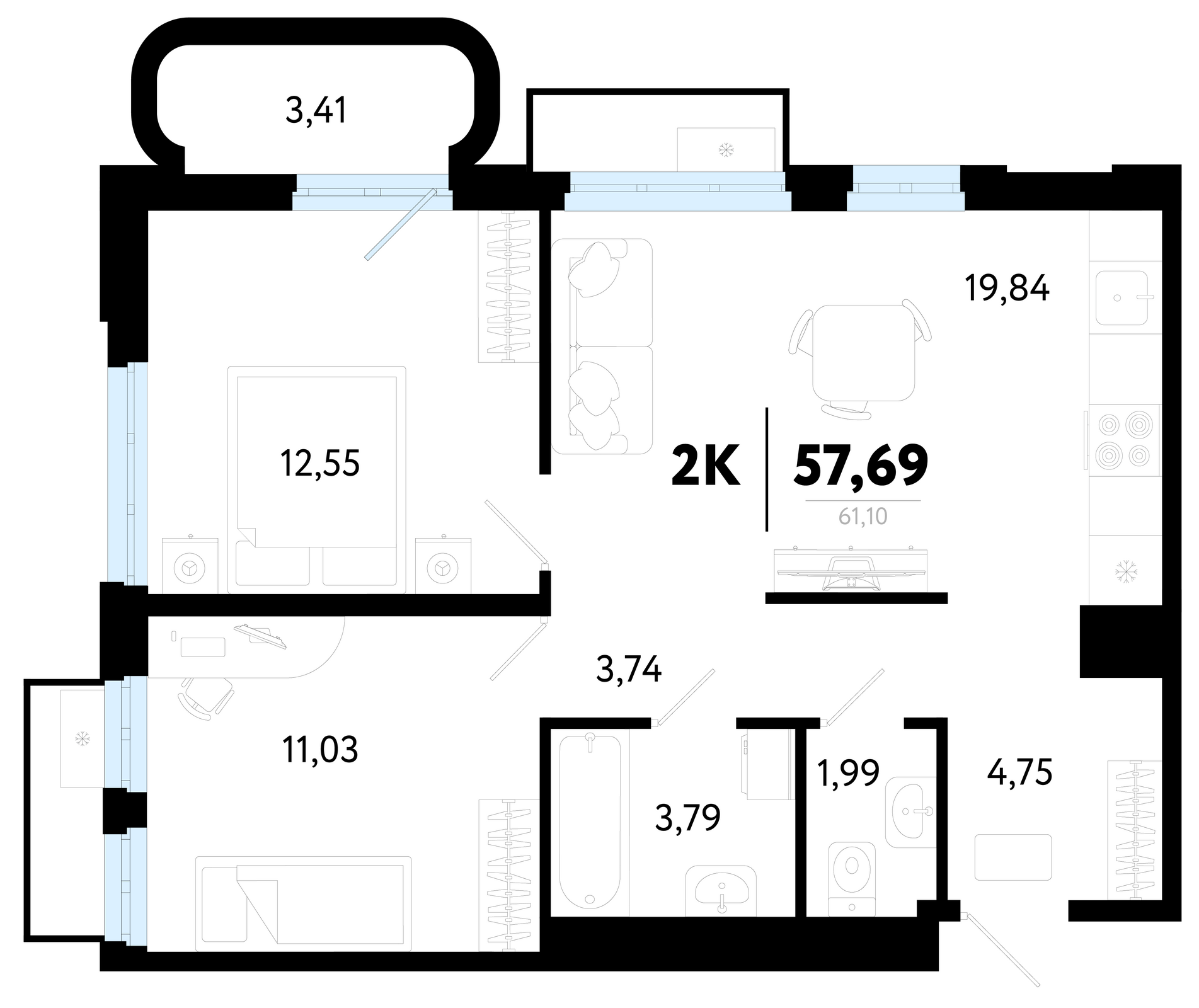 Планировка: Формат уточняется 57.7 м² в ЖК Символ, Комарово Парк
