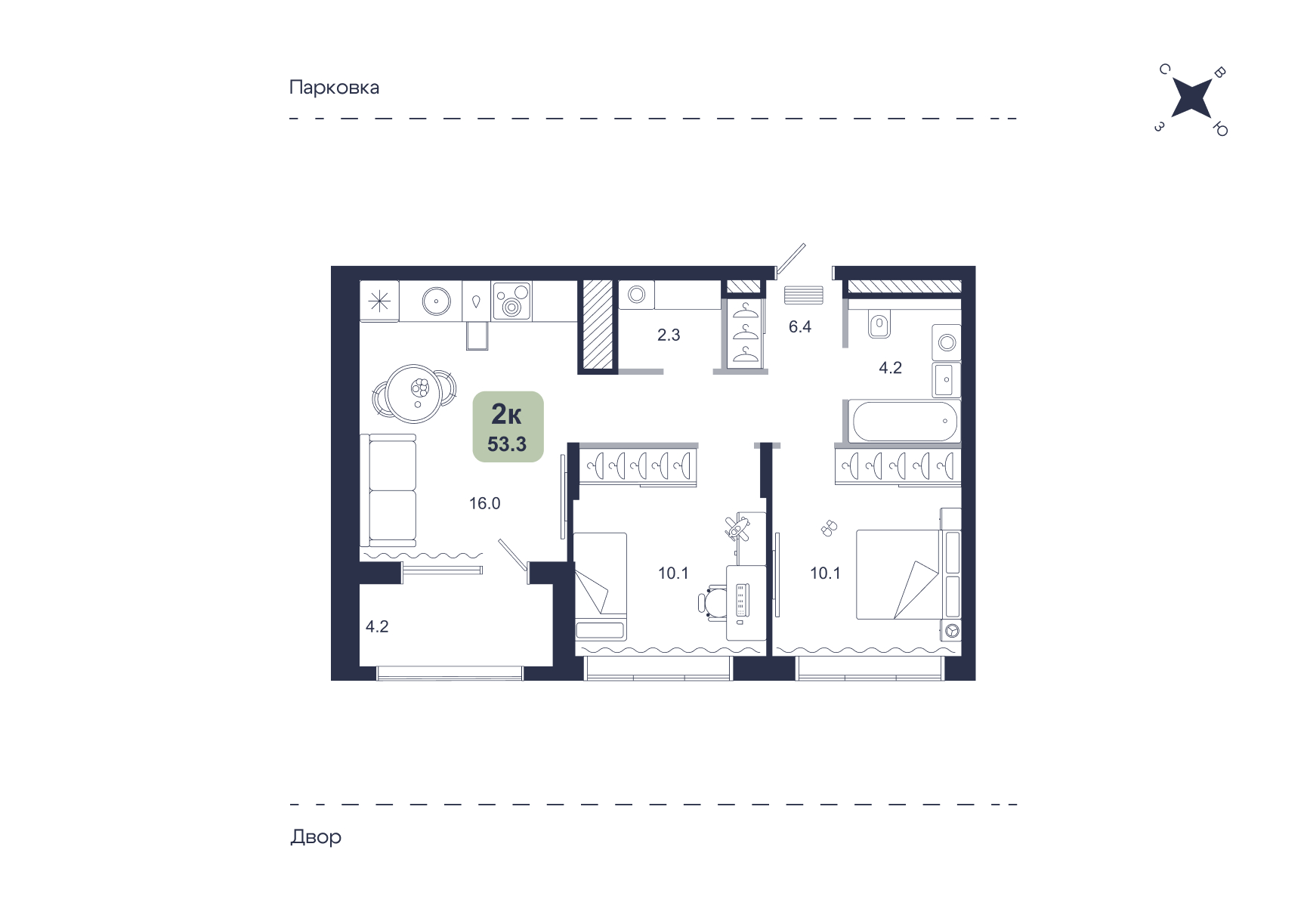 Планировка: Евротрешка 53.3 м² в ЖК Свой, Югра
