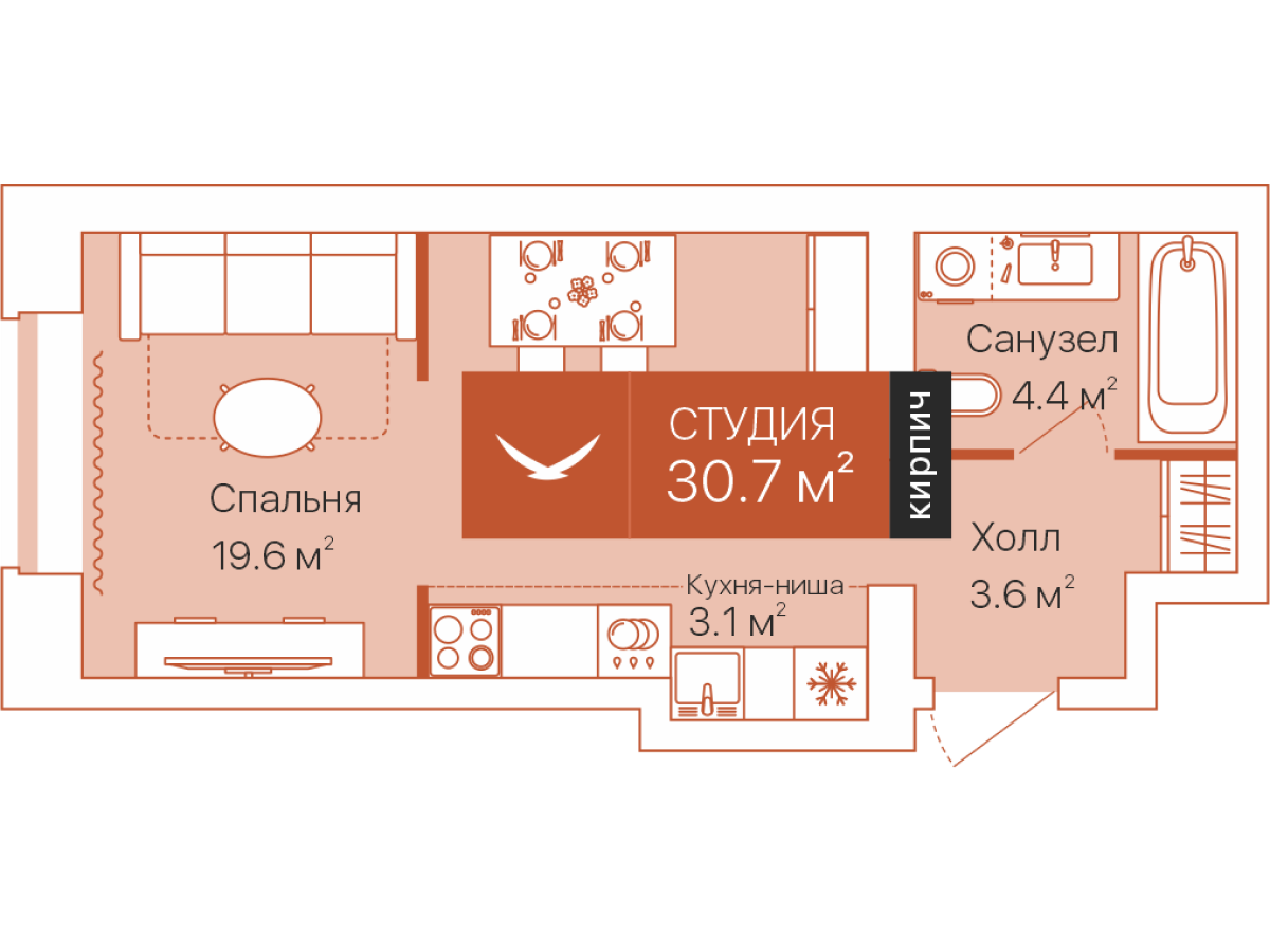 Планировка: Студия 30.7 м² в ЖК Дом на Большой Спасской, Воровского