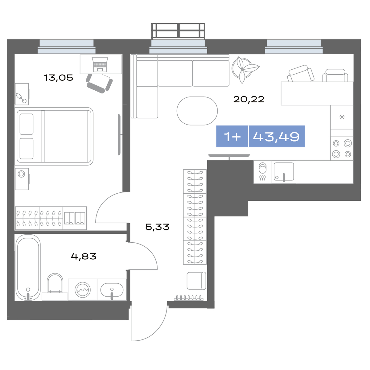 Планировка: Формат уточняется 43.5 м² в ЖК Толк Медный, Ватутина