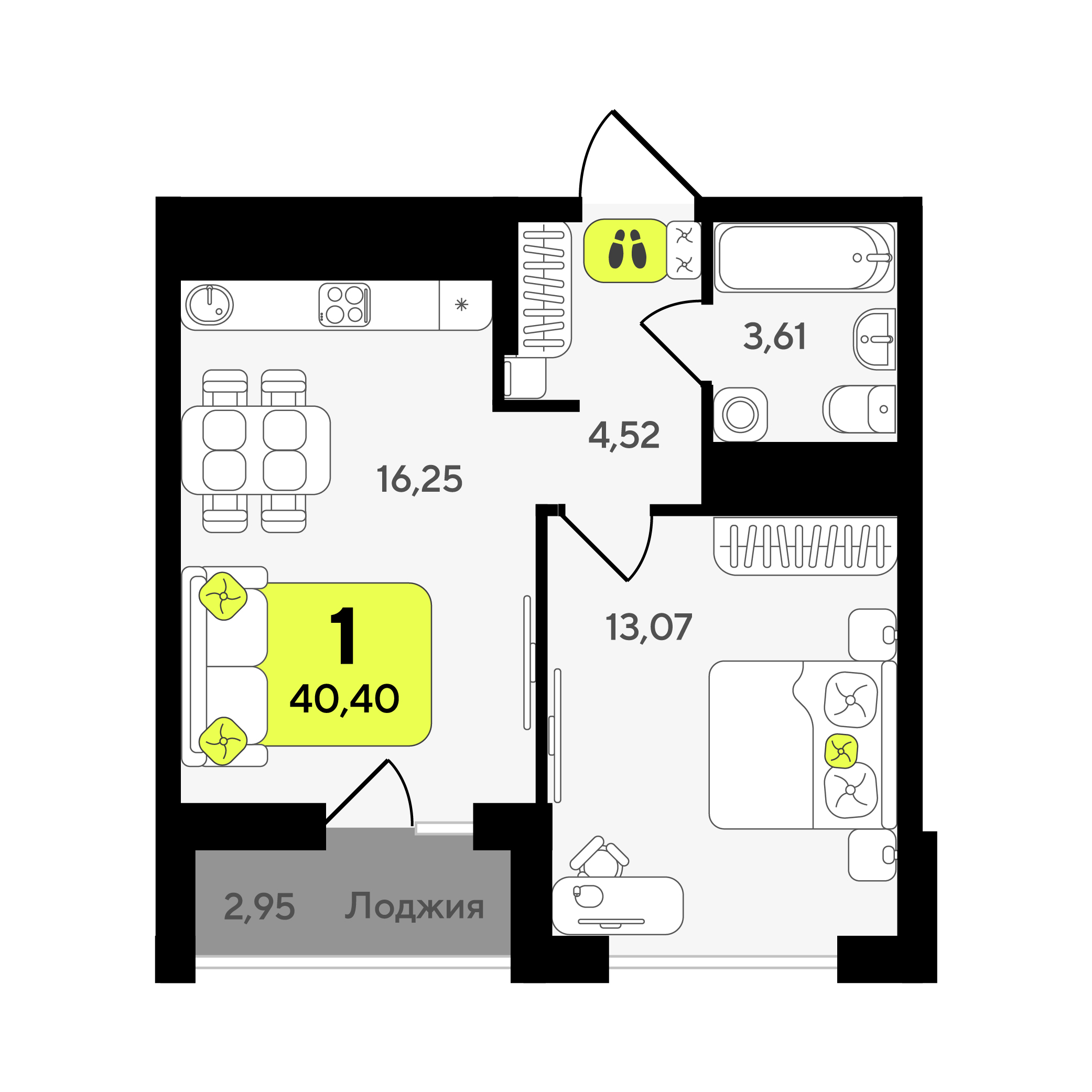 Планировка: Евродвушка 40.4 м² в ЖК Окинава, 5-й Заречный