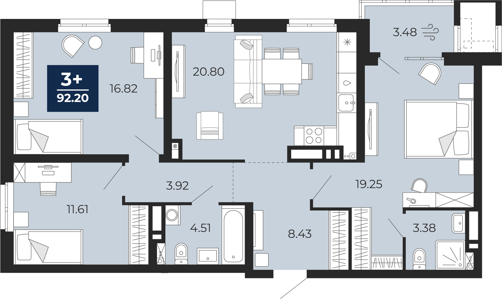 Планировка: 4-комнатная евро 88.7 м² в ЖК Мириады, Мыс