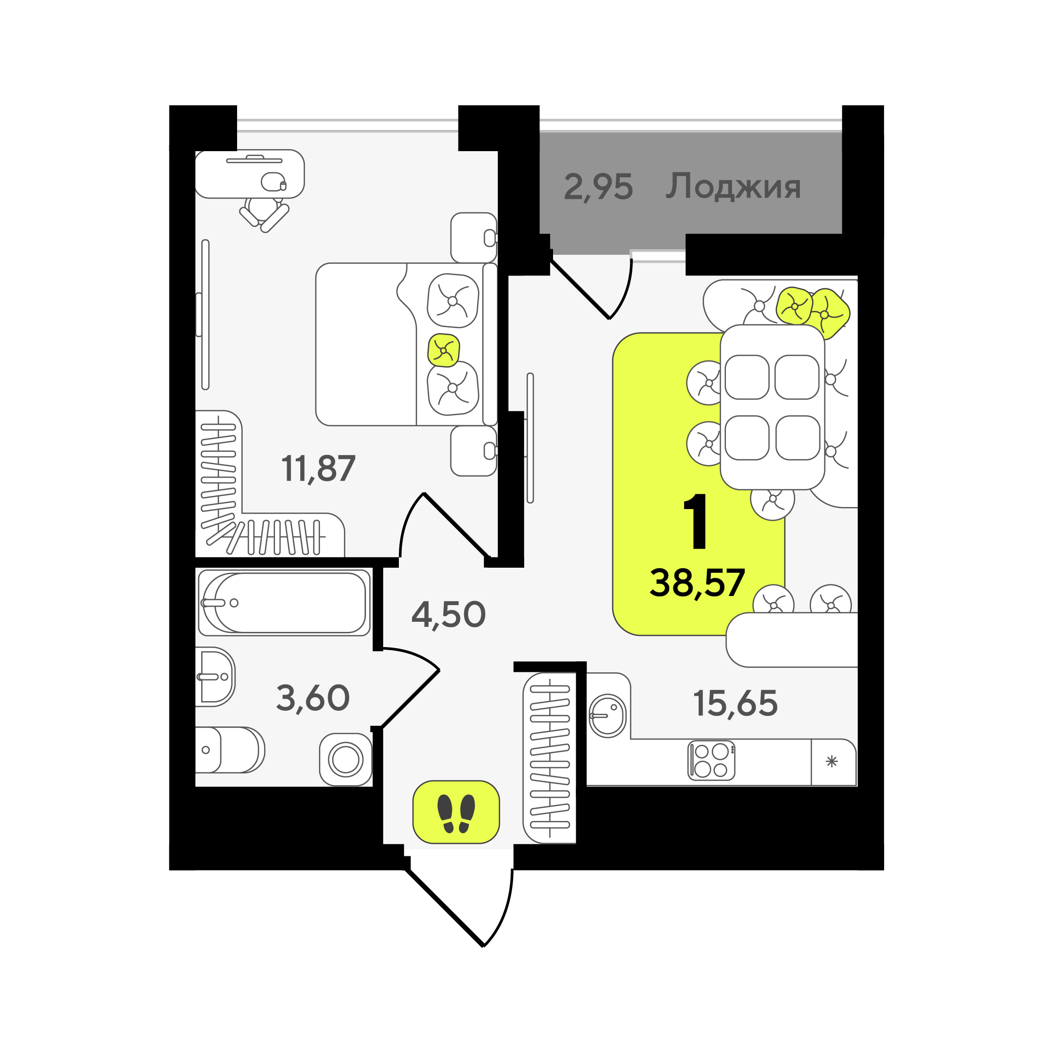 Планировка: Евродвушка 38.6 м² в ЖК Окинава, 5-й Заречный