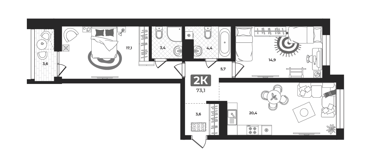 Планировка: Евротрешка 69.6 м² в ЖК Маэстро, 5-й Заречный