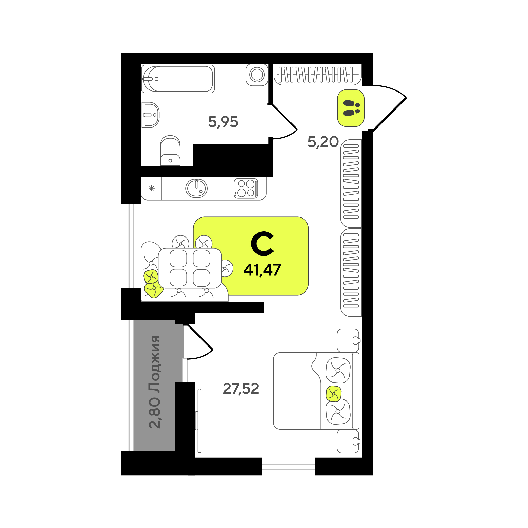 Планировка: Студия 41.5 м² в ЖК Окинава, 5-й Заречный