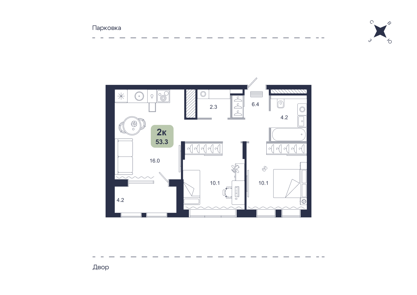 Планировка: Евротрешка 53.3 м² в ЖК Свой, Югра