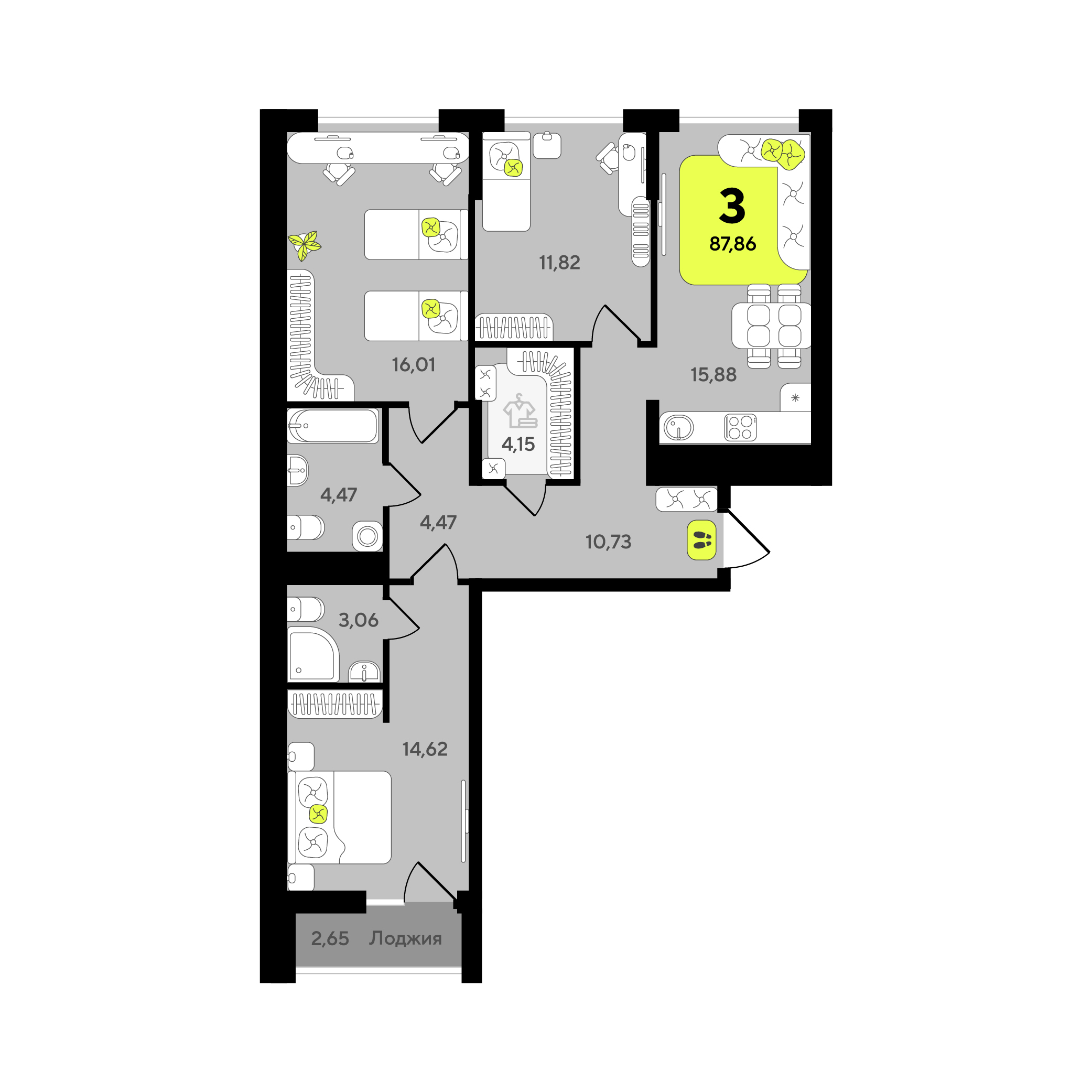 Планировка: 4-комнатная евро 87.9 м² в ЖК Окинава, 5-й Заречный