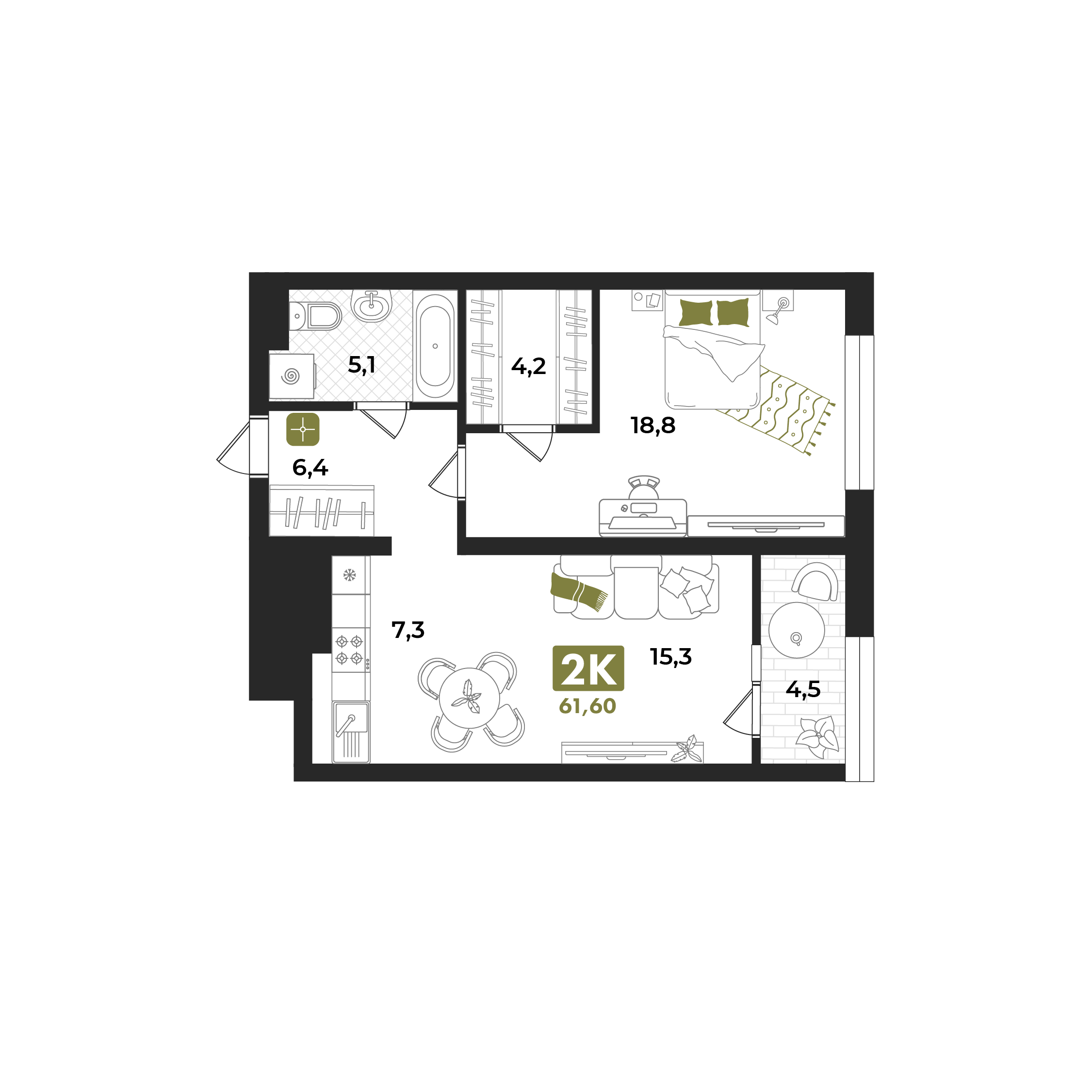 Планировка: Евродвушка 61.6 м² в ЖК Авторский проект "Опера", 5-й Заречный