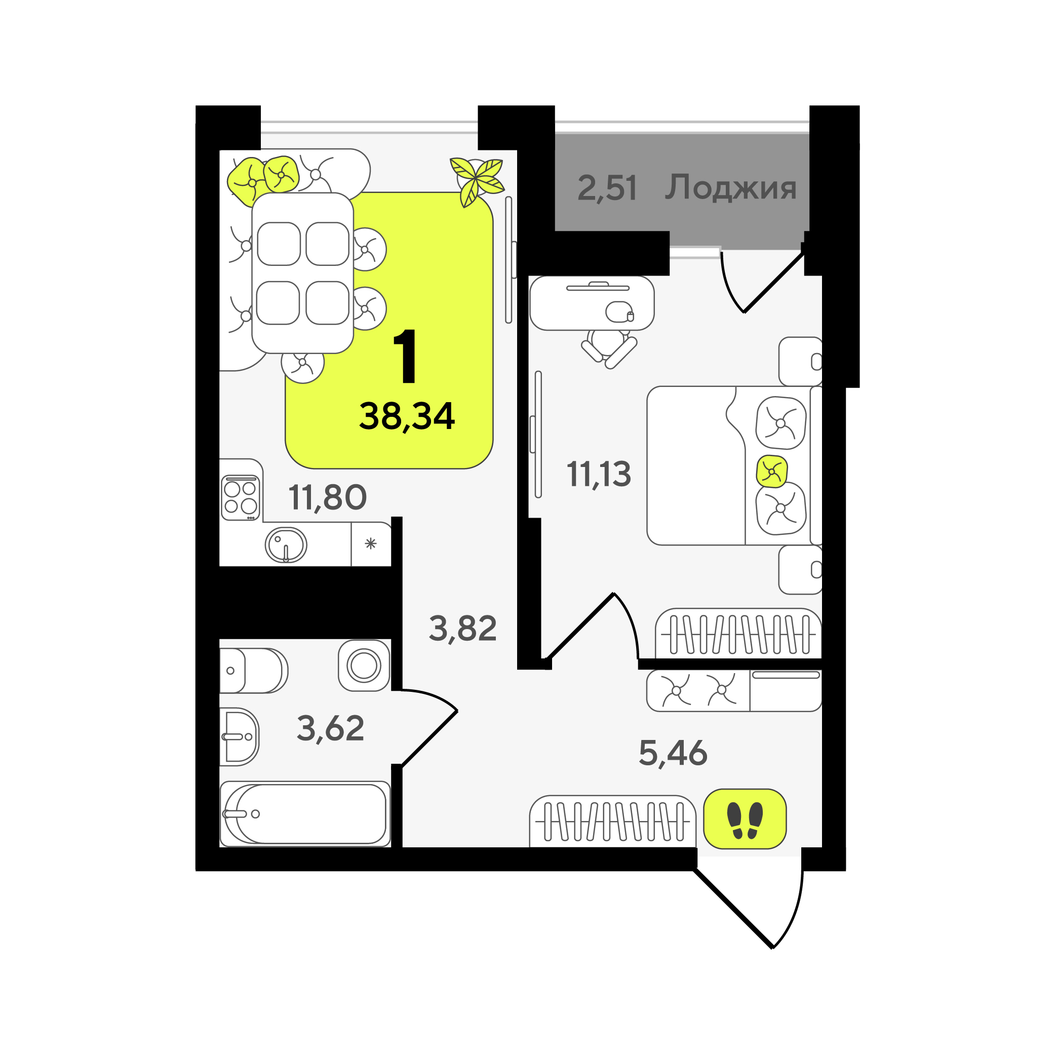 Планировка: 1-комнатная 38.3 м² в ЖК Окинава, 5-й Заречный