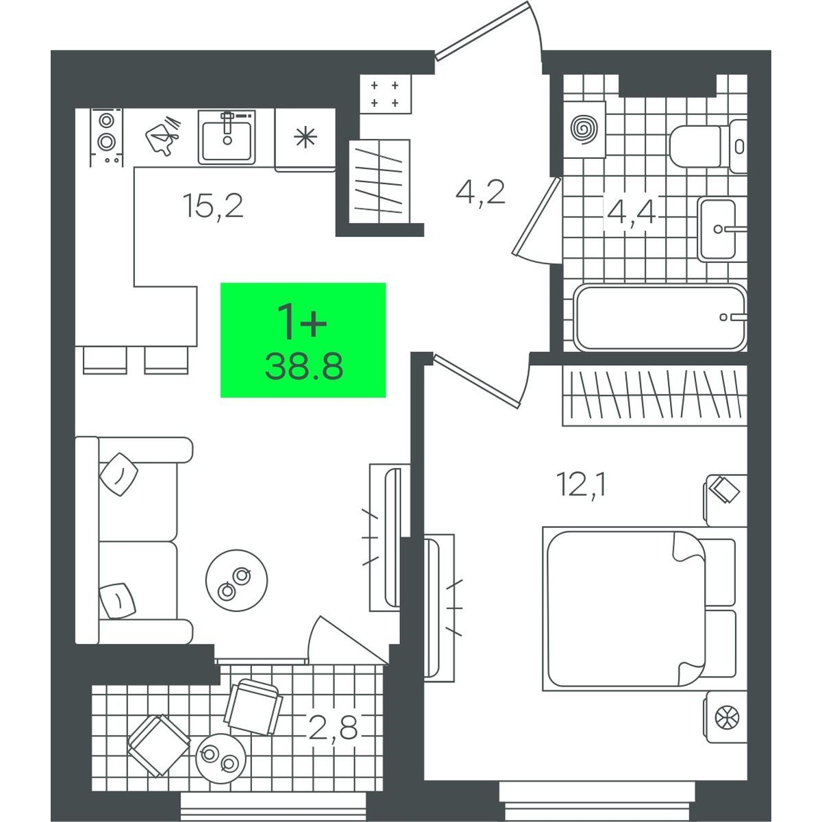 Планировка: Евродвушка 38.8 м² в ЖК Гранд Квартал, Комарово Парк