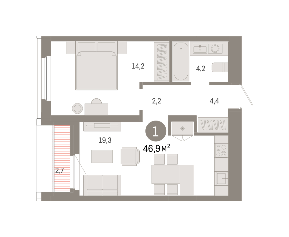 Планировка: Формат уточняется 46.9 м² в ЖК Зарека, Заречный