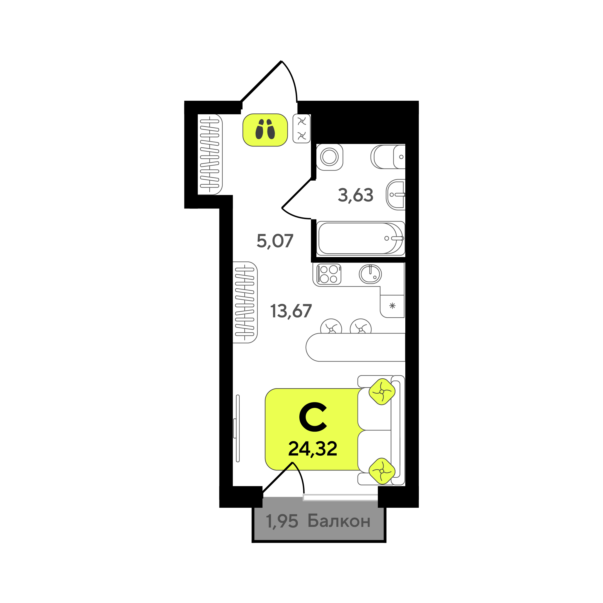 Планировка: Студия 24.3 м² в ЖК Окинава, 5-й Заречный